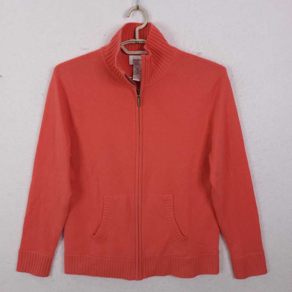 Neiman Marcus Cashmere Full Zip Sweater Womens Medium Coral Orange Cardigan